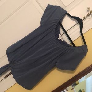 Blue tie front off the shoulder shirt